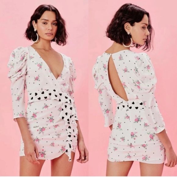 For Love And Lemons White Faux Wrap Floral Mini Dress with Plunge Neckline - Picture 2 of 15